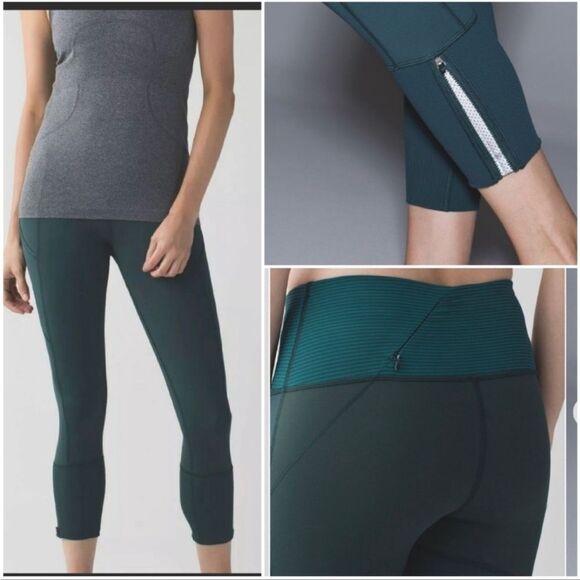 LULULEMON Rebel Green Navy Blue Stripe Luxtreme Tights Ankle Zipper Legging 6 - Picture 2 of 16